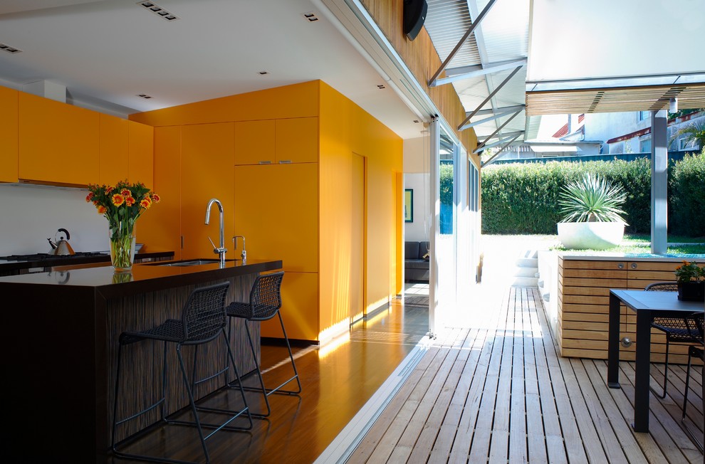 Modern Kitchen in Mustard Yellow Color Scheme. Yellow kitchen cabinets