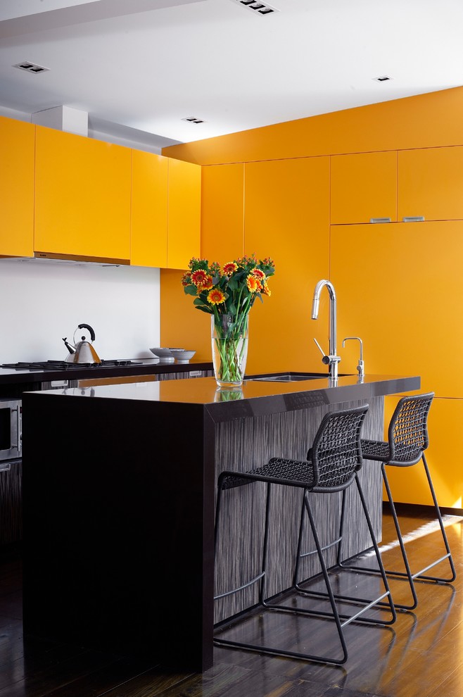 Modern Kitchen in Mustard Yellow Color Scheme. Yellow kitchen cabinets