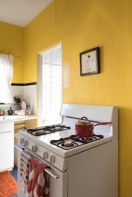 Modest kitchen with yellow painted walls