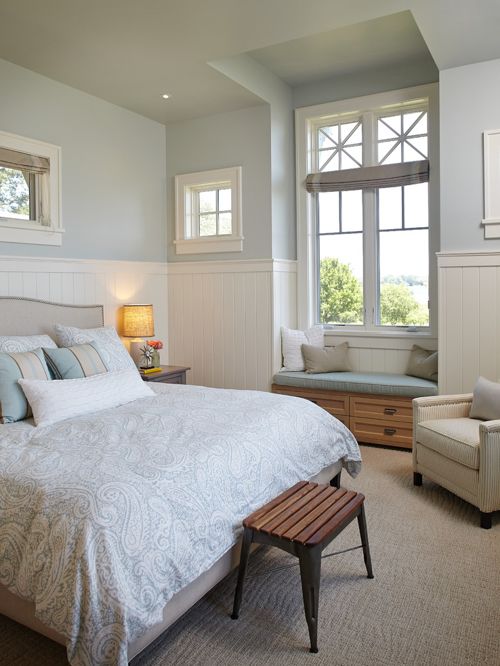 Sherwin Williams Topsail Light blue and white bedroom color scheme