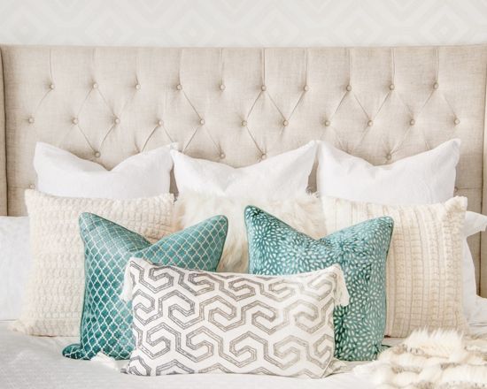 Tufted headboard turquoise throw pillow bedroom