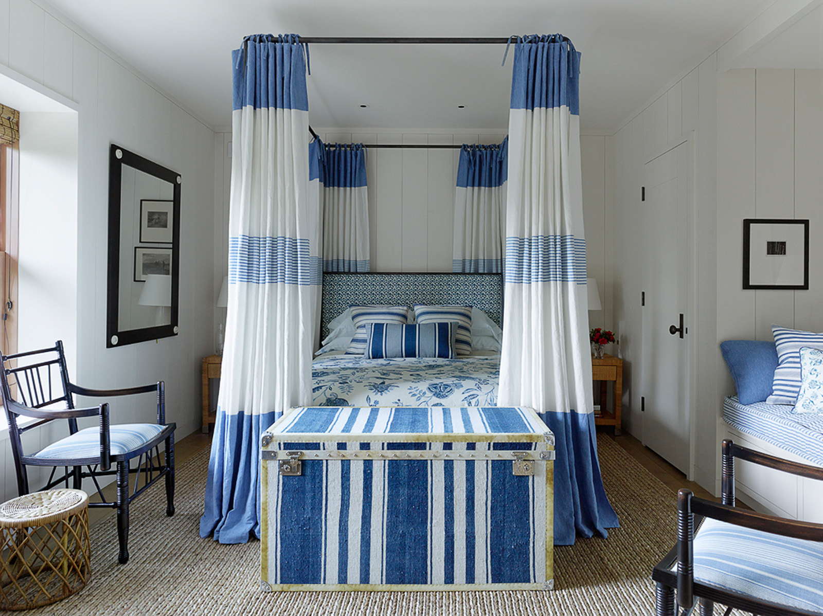 Blue bedroom color scheme with stripes.