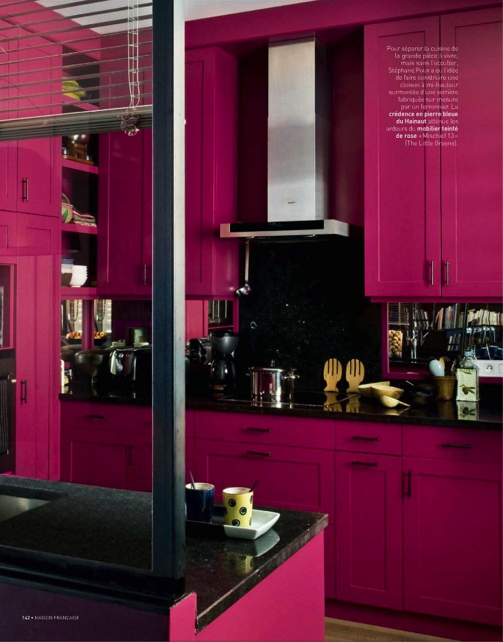 Bright Pink Kitchen Cabinets Painted in The Little Greene Mischief. Pink and black kitchen color scheme, bold kitchen colors.