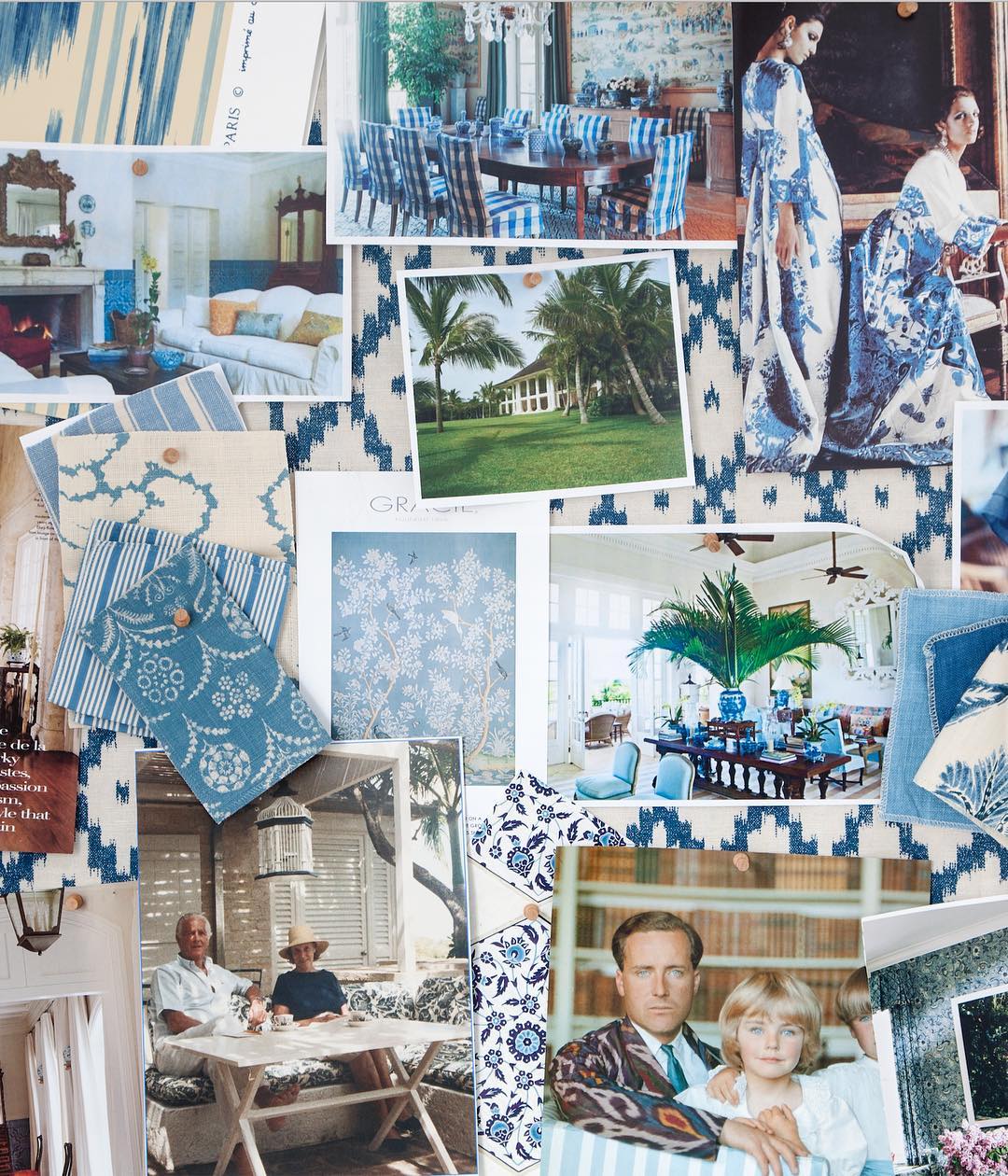 Interior designer mood board in blue and white.