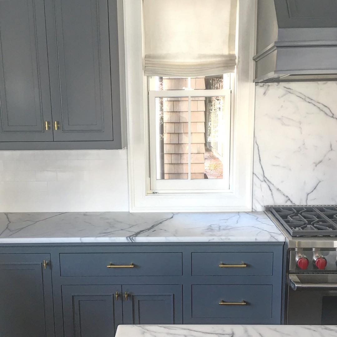 Kitchen cabinets painted in Benjamin Moore Ocean Floor.