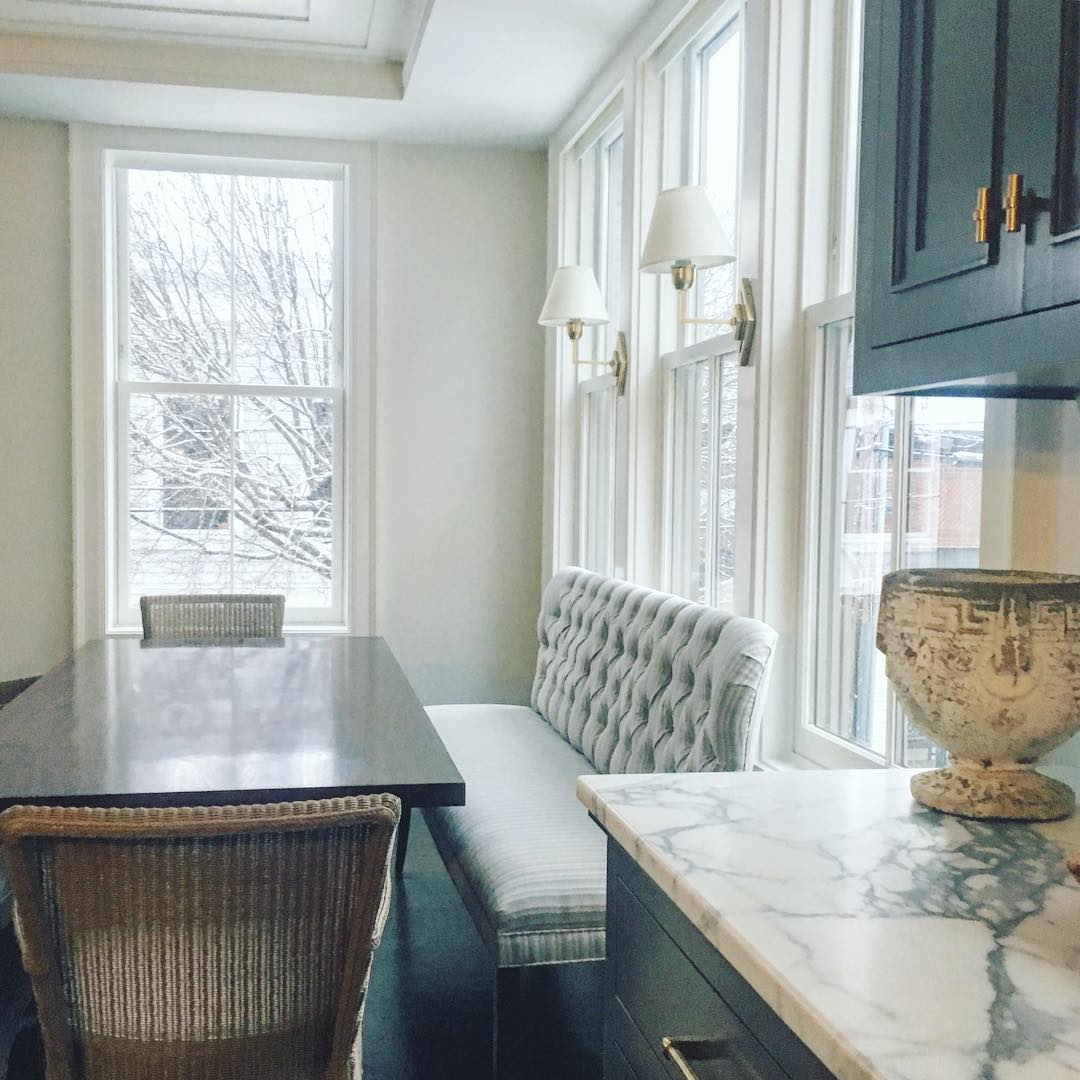 Kitchen with gray blue cabinets.