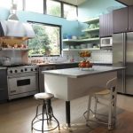 Purple and blue kitchen with kitchen cabinets painted in Benjamin Moore Purple Haze and Walls in Benjamin Moore Boca Raton Blue.