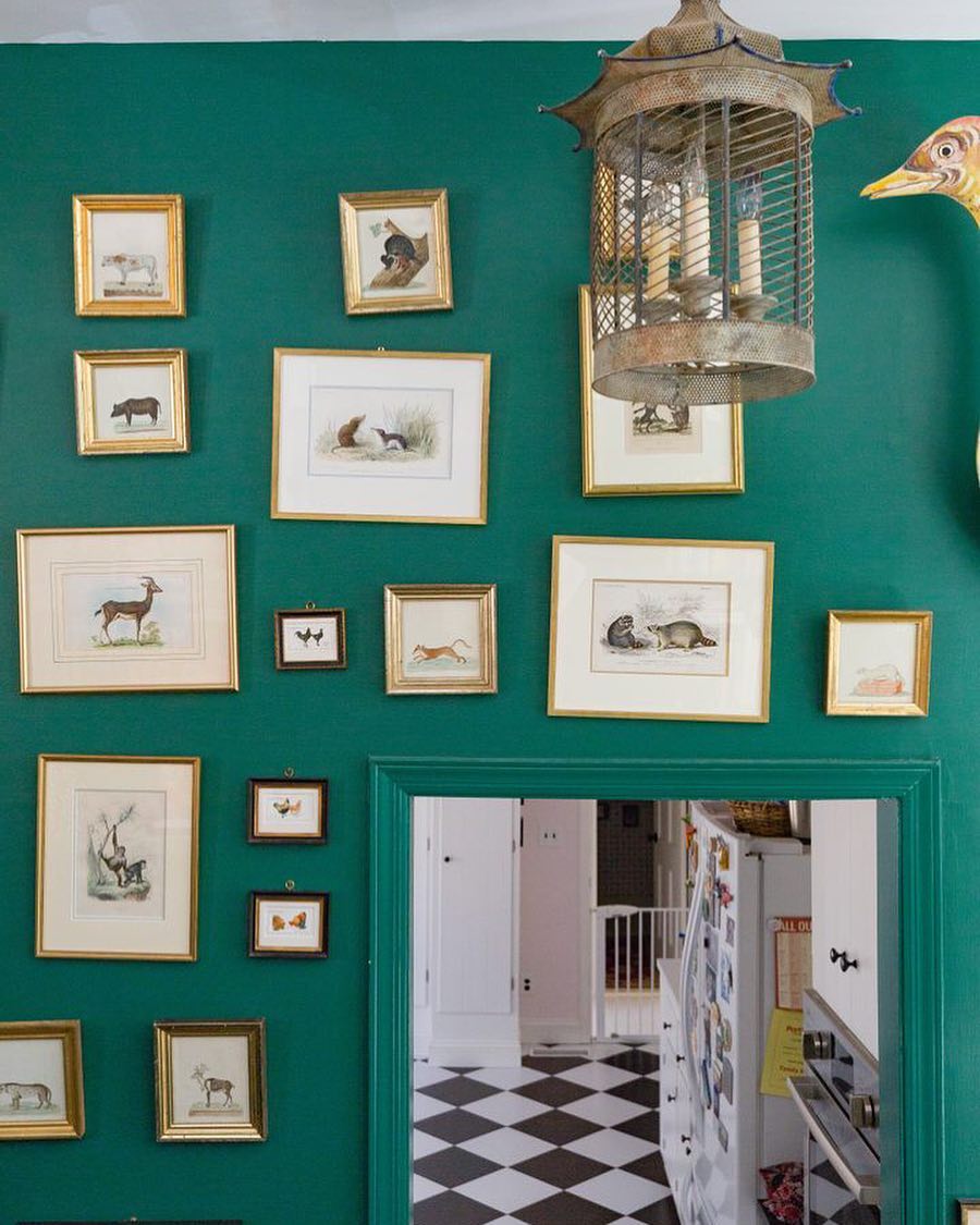 Green painted walls and animal prints on the wall interior design.