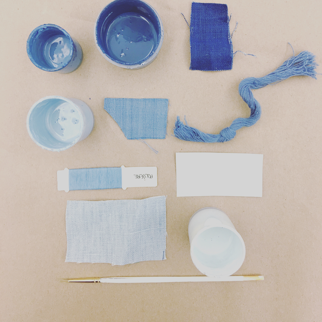 interior design blue and white mood board.