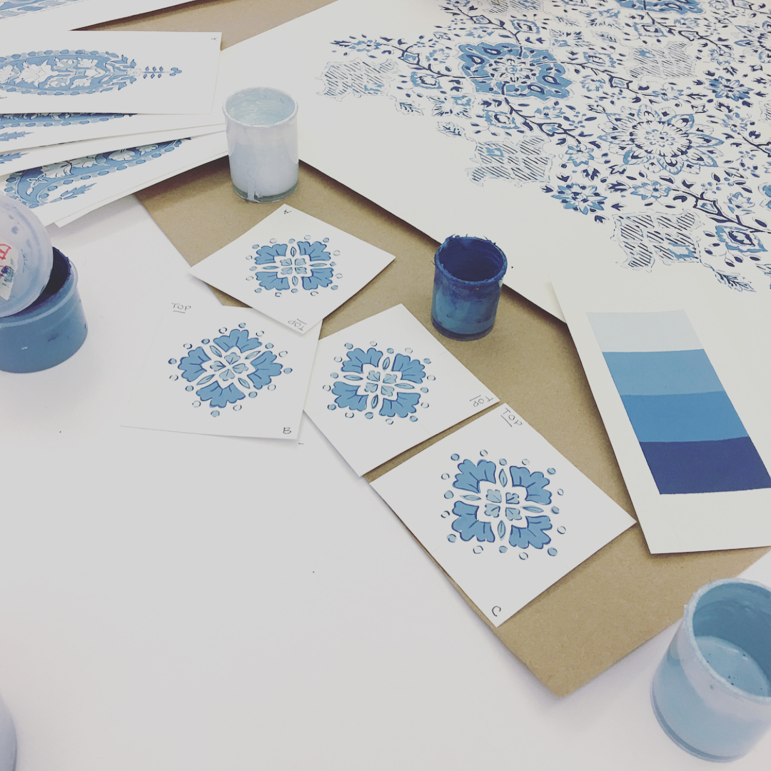 interior design blue and white mood board.