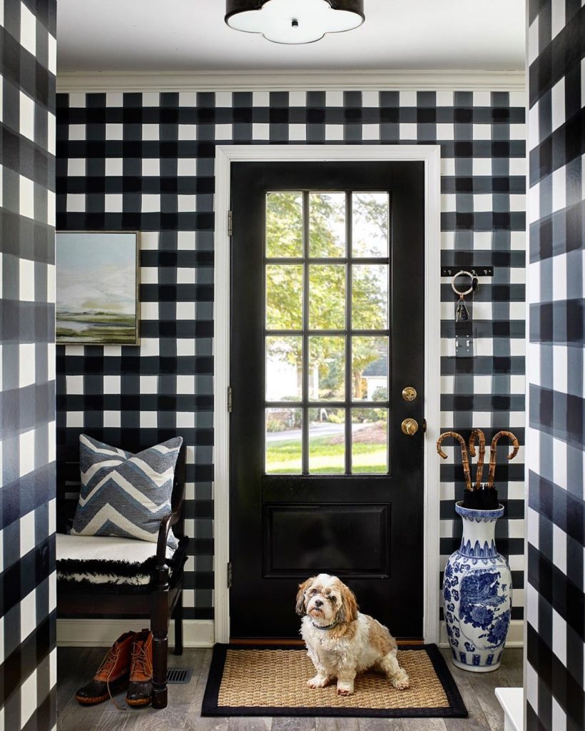 Black and white Buffalo check wallpaper foyer