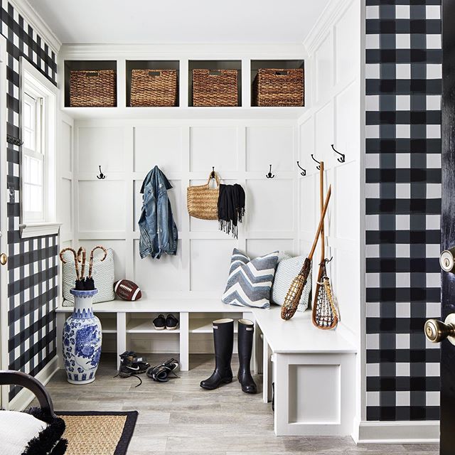 Black and white Buffalo check wallpaper mudroom