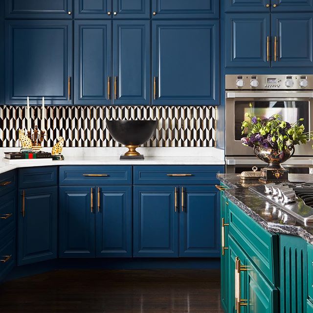 Blue kitchen cabinets green island