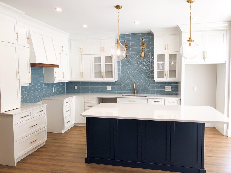 Blue Kitchen Island painted in Benjamin Moore Van Deusen Blue