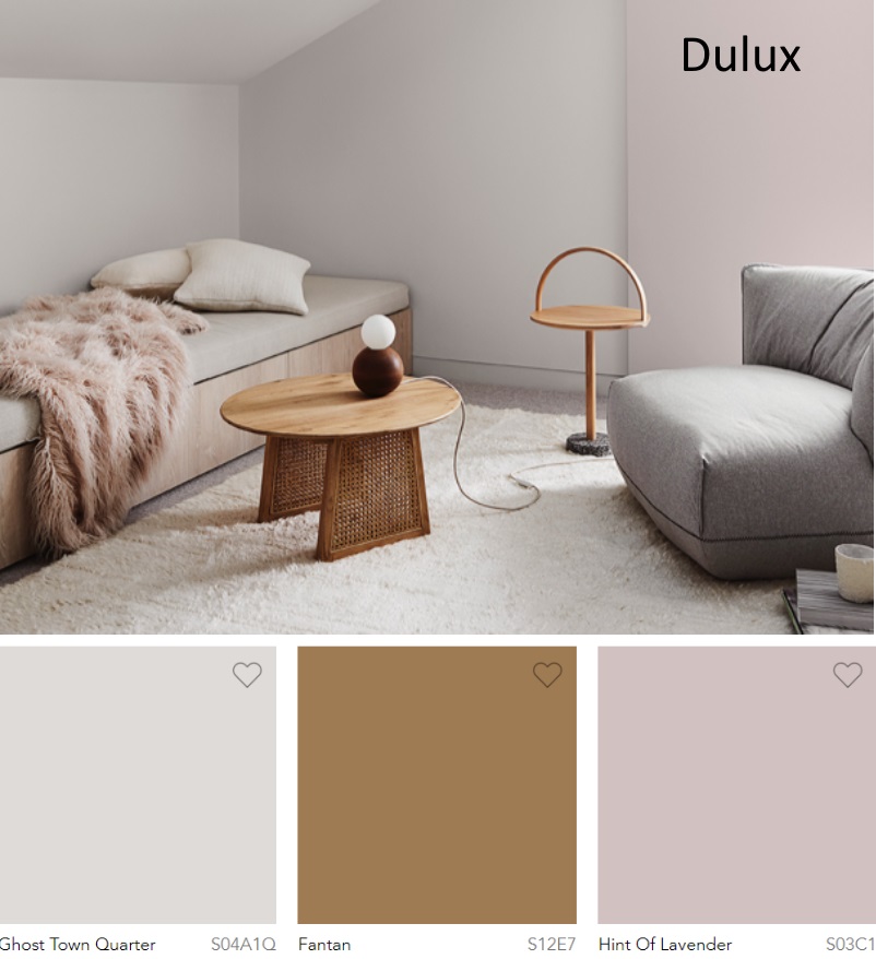 Dulux Ghost Town Quarter, Fantan and Hint of Lavender neutral paint colors 2020