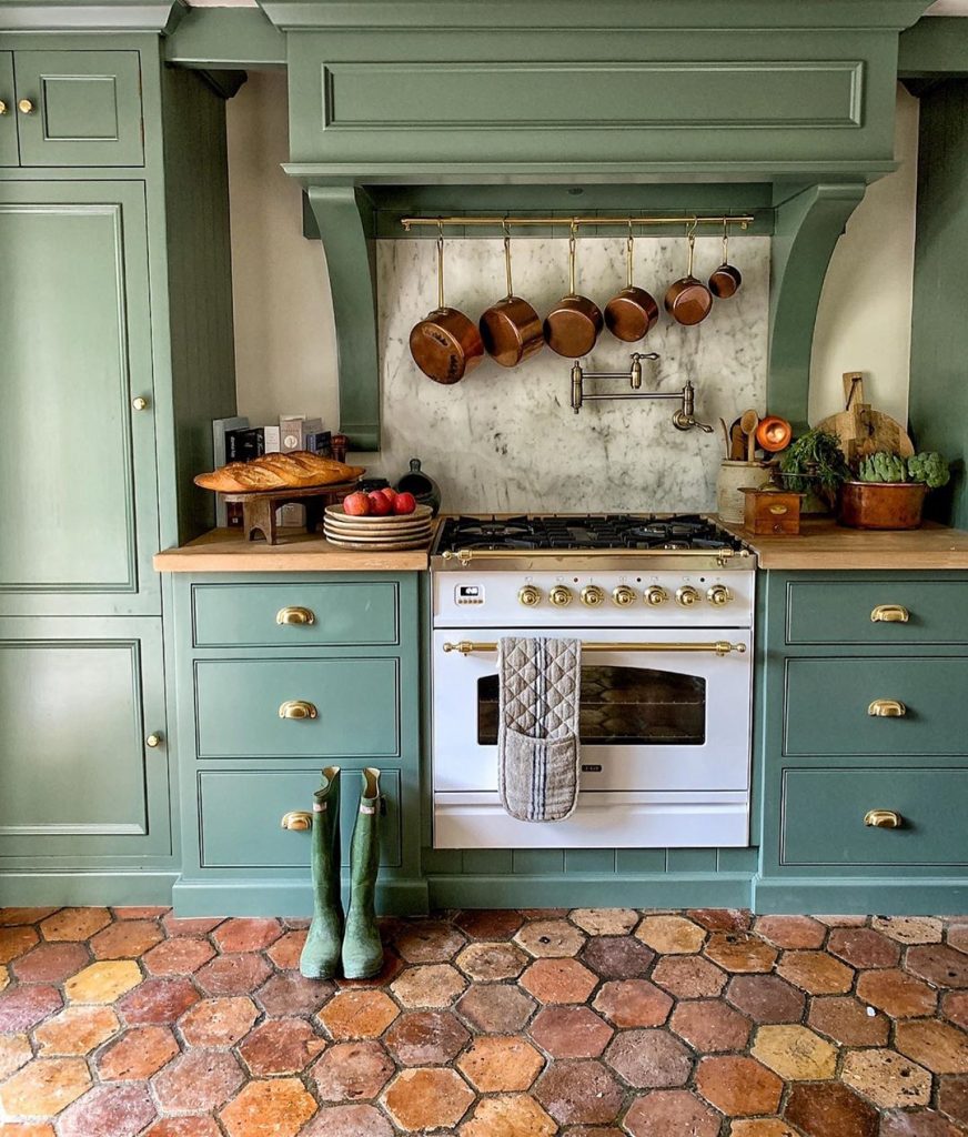 Farrow and Ball Smoke Green painted kitchen cabinets 2020