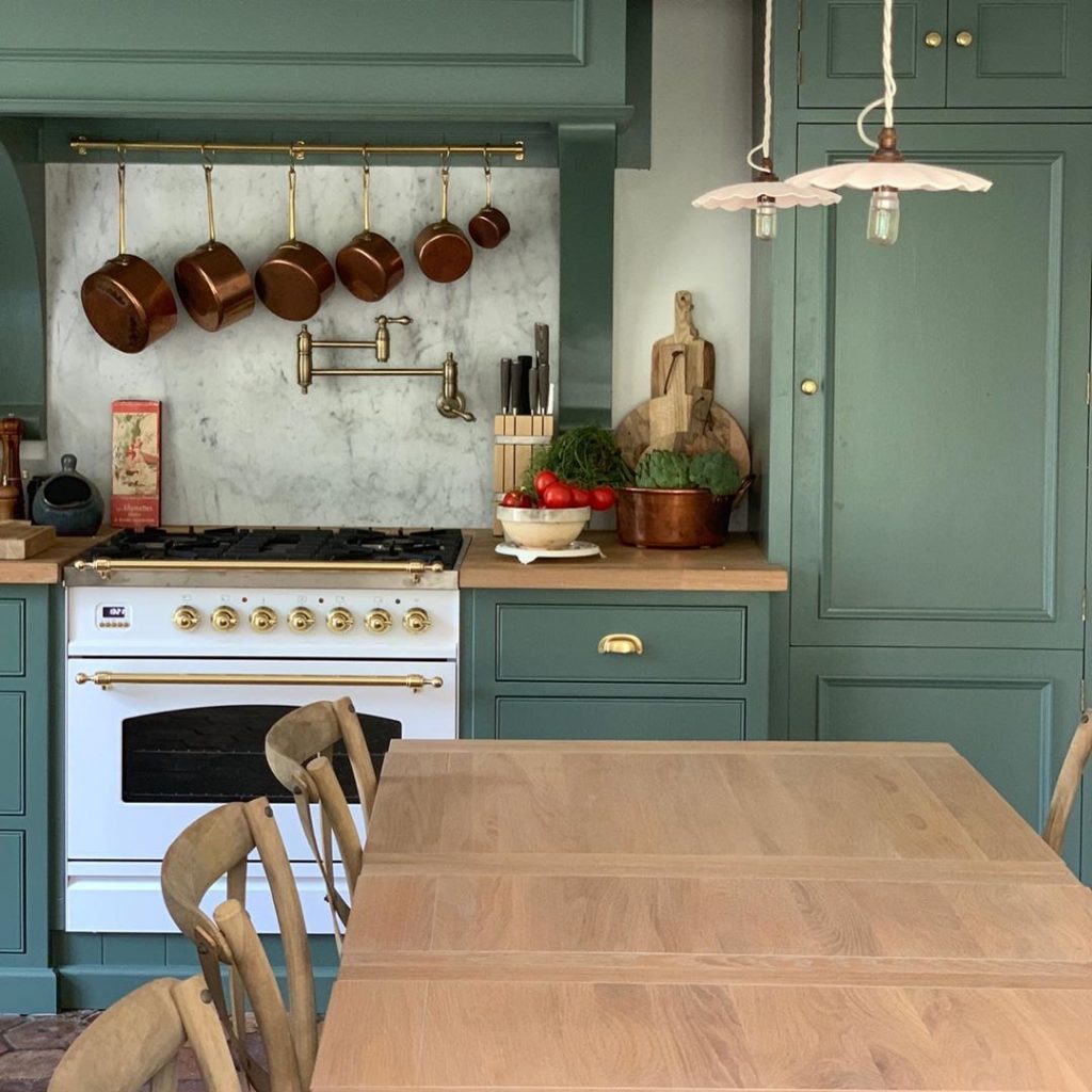 Farrow and Ball Smoke Green painted kitchen cabinets French provincial