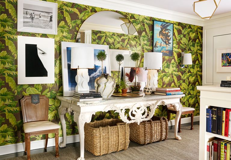 Green wallpaper foyer interior design idea