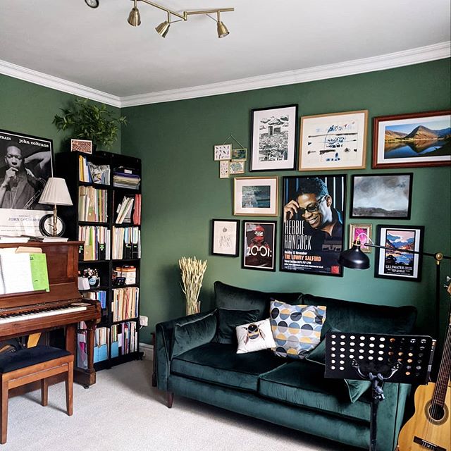 Music room painted in calke green by Farrow and Ball