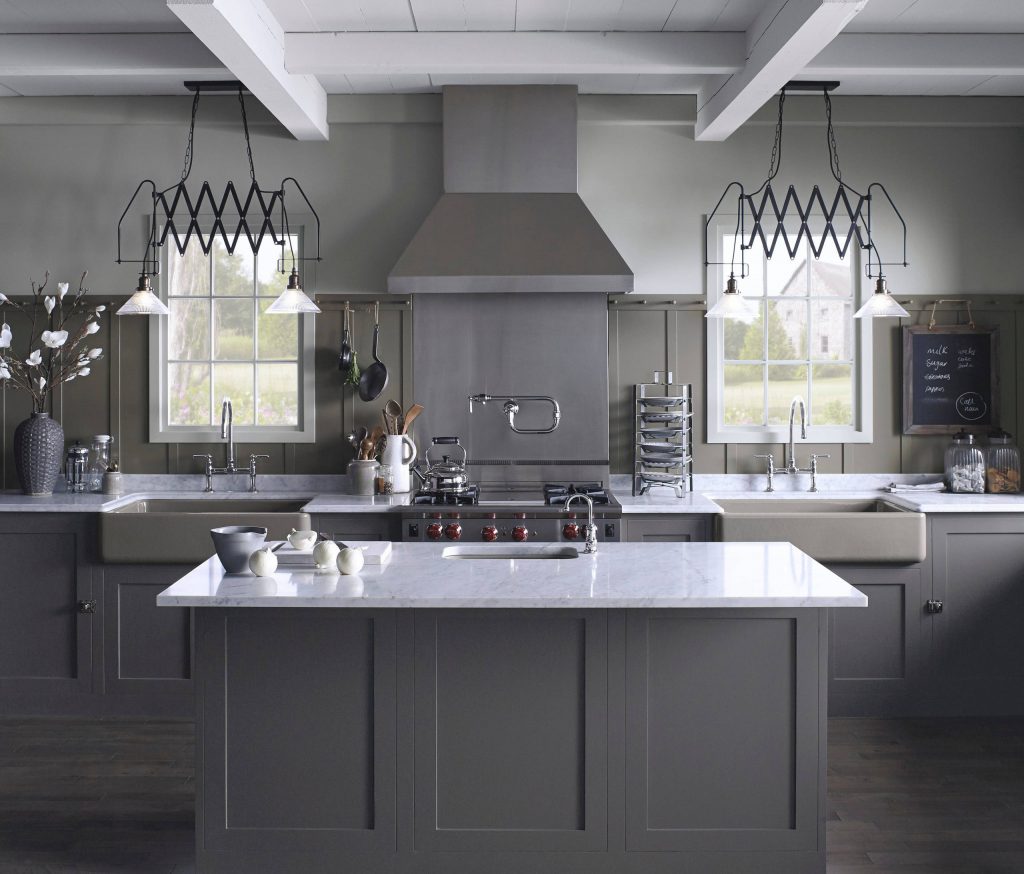 Benjamin Moore Iron Mountain Kitchen cabinets and island