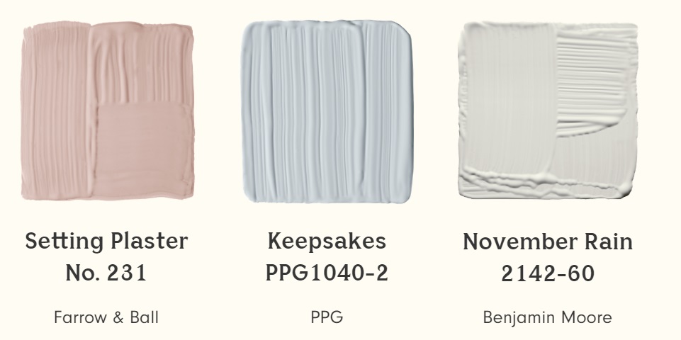 Farrow & Ball Setting Plaster, PPG Keepsakes and Benjamin Moore November Rain