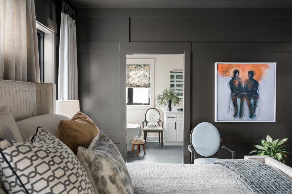 Bedroom walls painted in charcoal brown paint