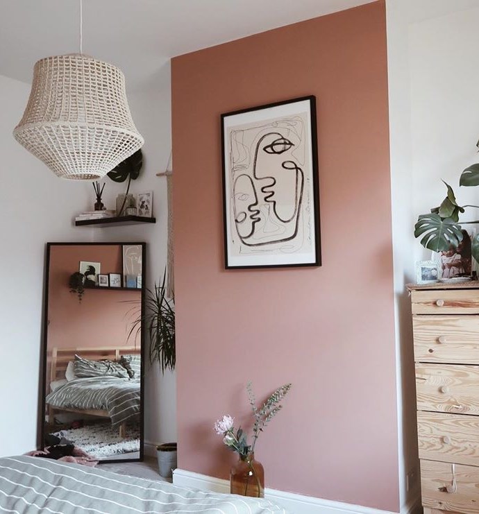 Valspar Burnished Apricot pink paint color feature wall