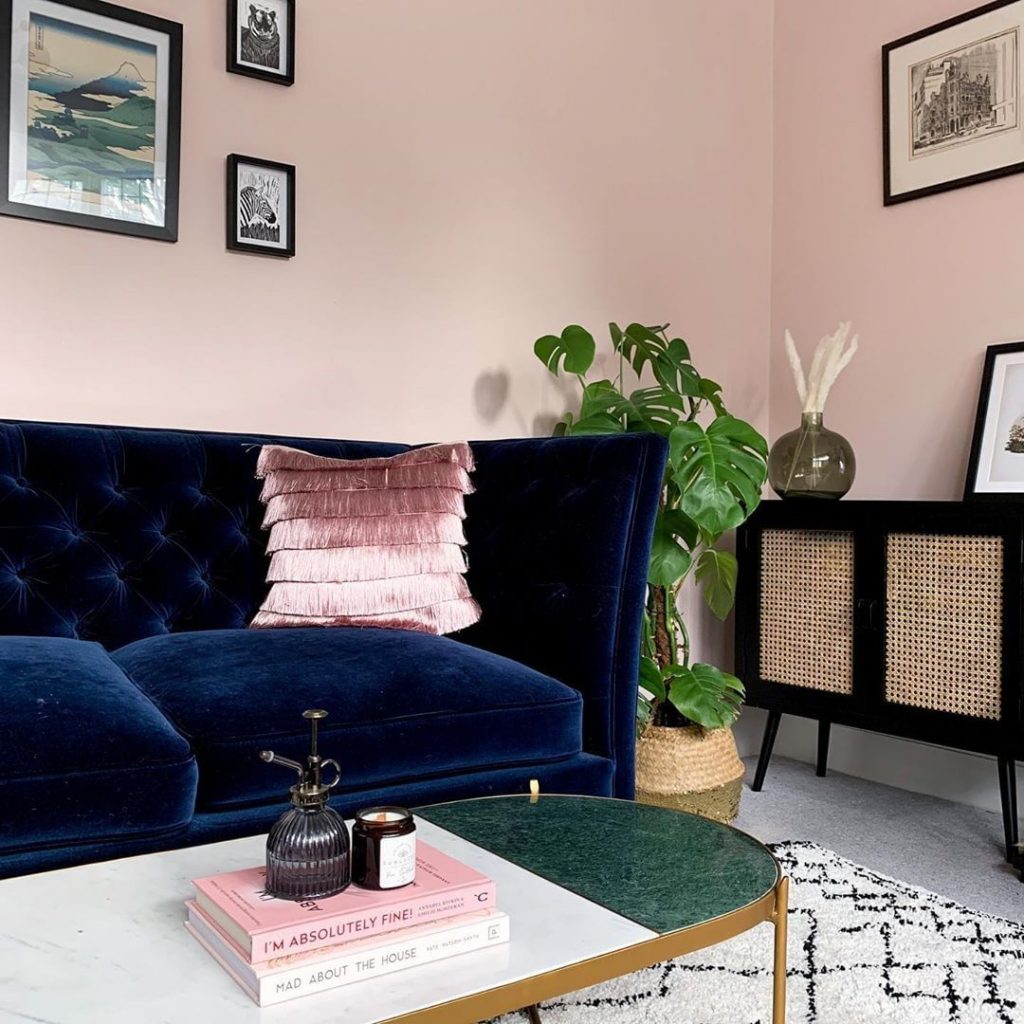 Farrow & Ball Calamine paint color walls living room.