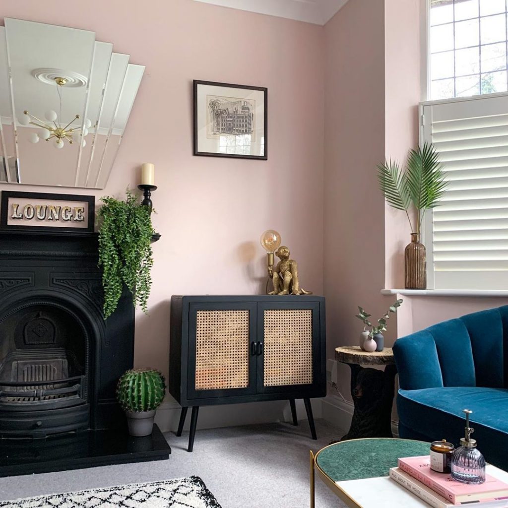 Farrow & Ball Calamine pink wall paint fireplace