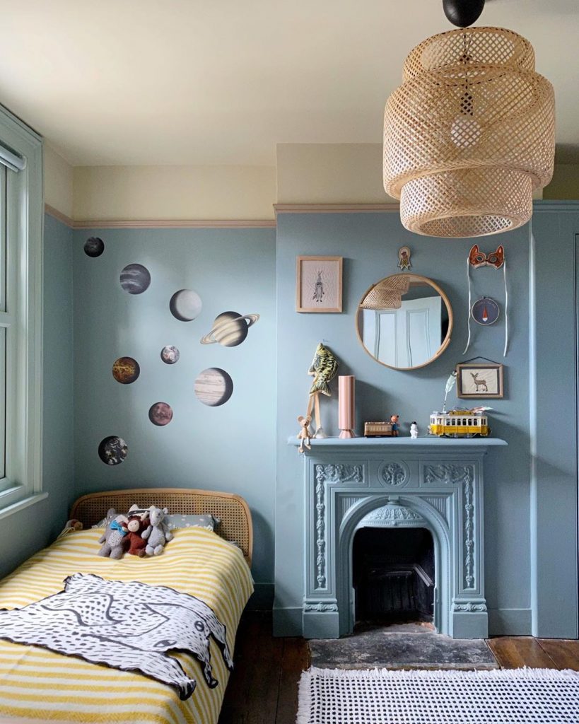 Farrow & Ball paint colors Oval Room Blue walls, a Skimmed Milk White ceiling and a Dead Salmon picture rail. kids bedroom