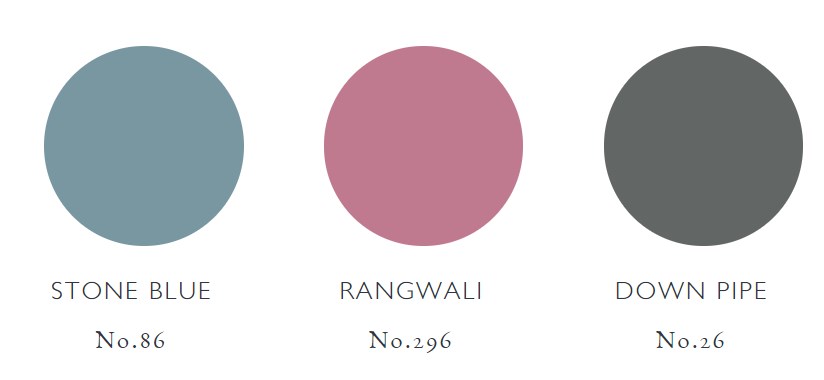 Grey and pink color scheme Farrow and Ball Stone BLue, Rangwali and Down Pipe