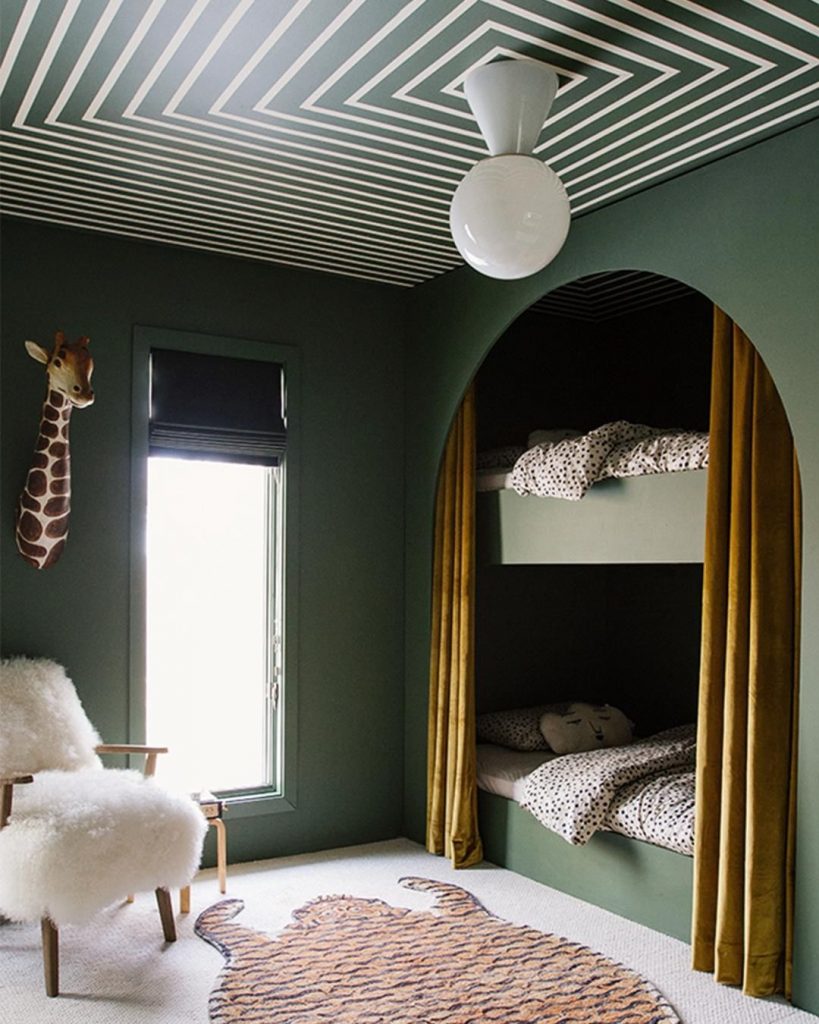 Kids bedroom decor in green with bunk beds and Sherwin Williams Oakmoss