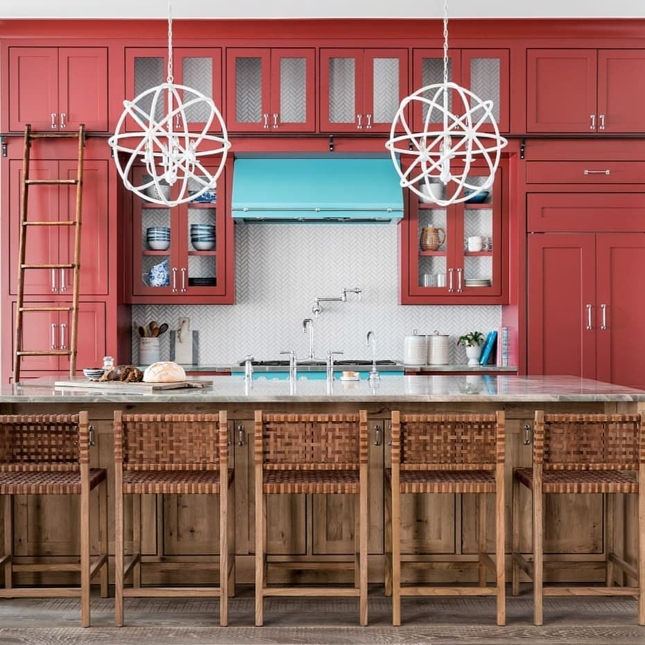 Red kitchen cabinets painted in Benjamin Moore Dinner Party