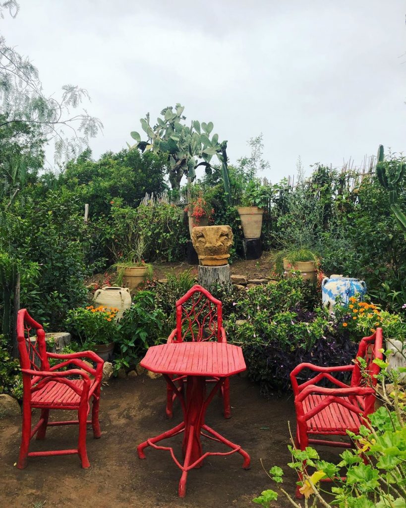 Red patio seating area