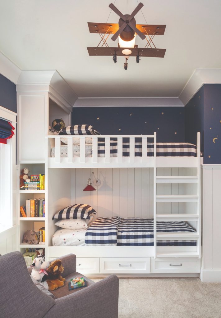 Twin bunk beds with drawers and shelves