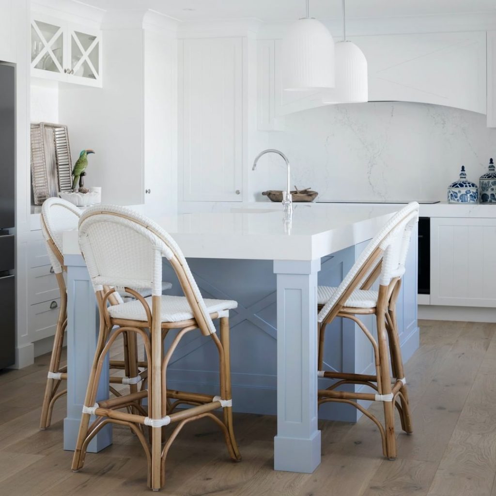 White and blue kitchen painted in light blue Dulux Angora Blue