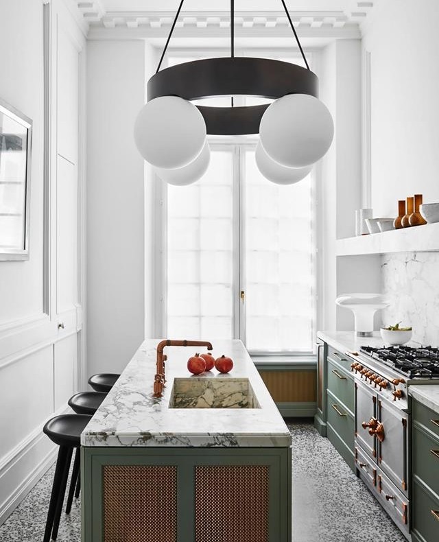 contemporary marble and green kitchen