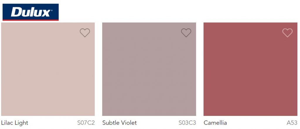 Dulux Paint Trend 2020 Lilac Light, Subtle Violet and Camellia