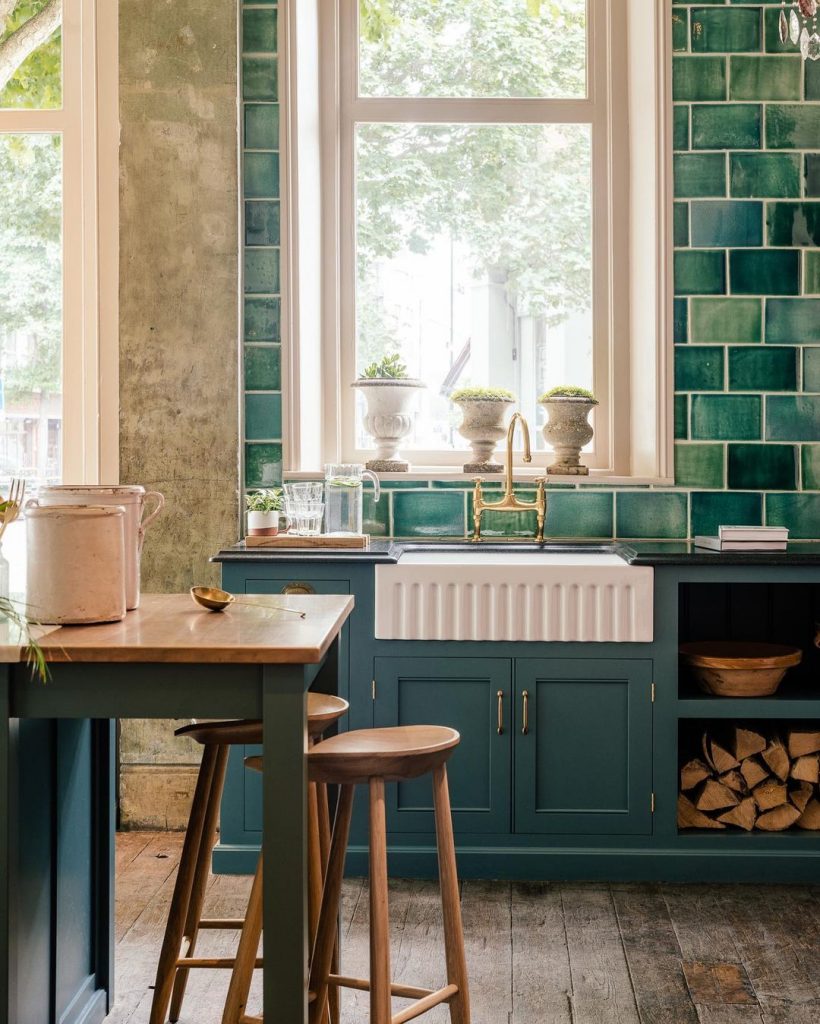 Green Tiles and Green Kitchen Cabinets