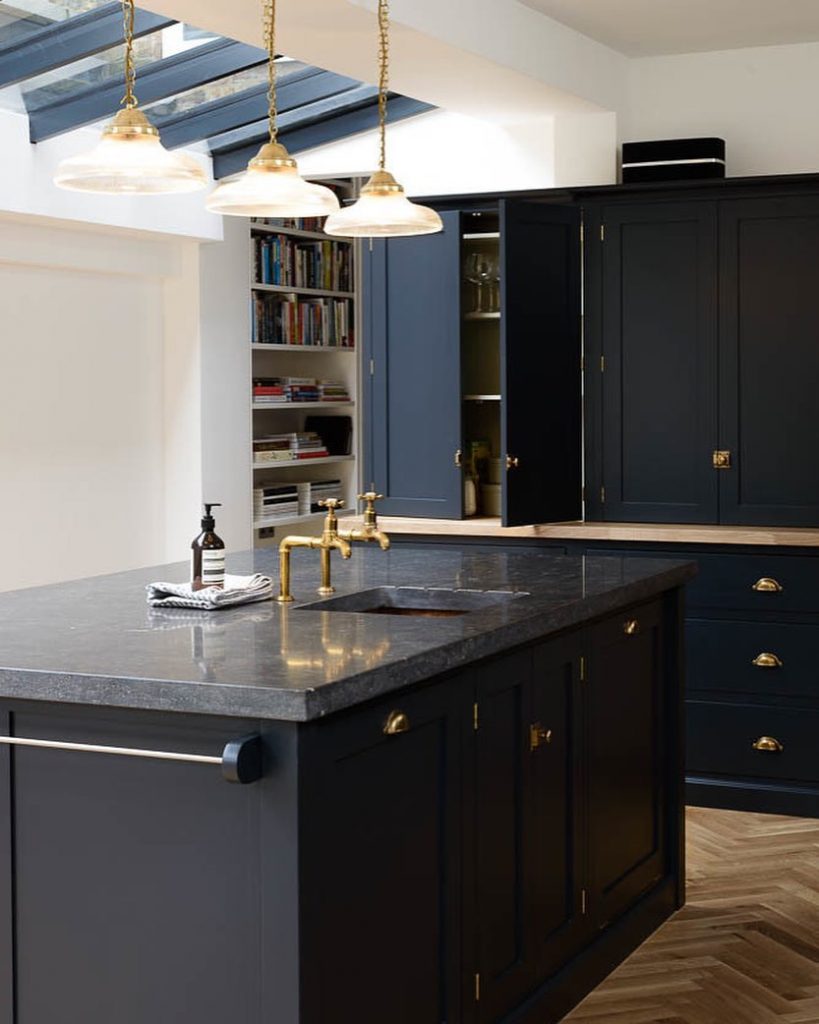 Kitchen Design Dark Blue Cupboards and Dark Benchtop