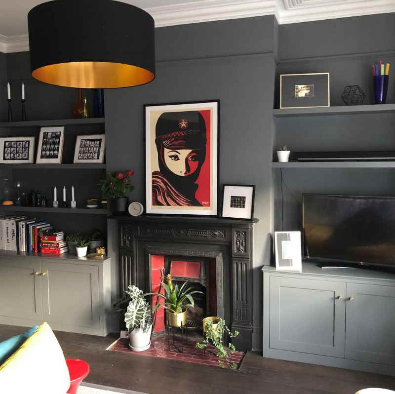 Alcove unit shelves painted in Little Greene Paris Rooftops