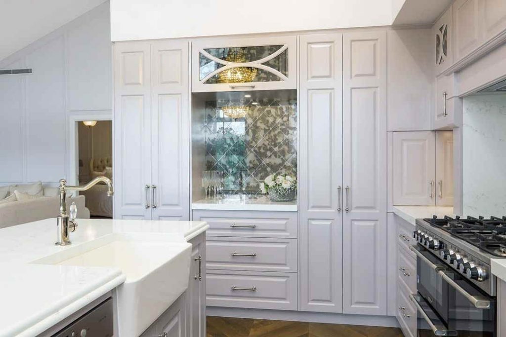 Kitchen cabinets painted in Dulux Silver Bullet