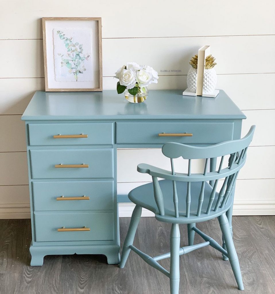 Benjamin Moore Aegean Teal painted furniture with brass hardware