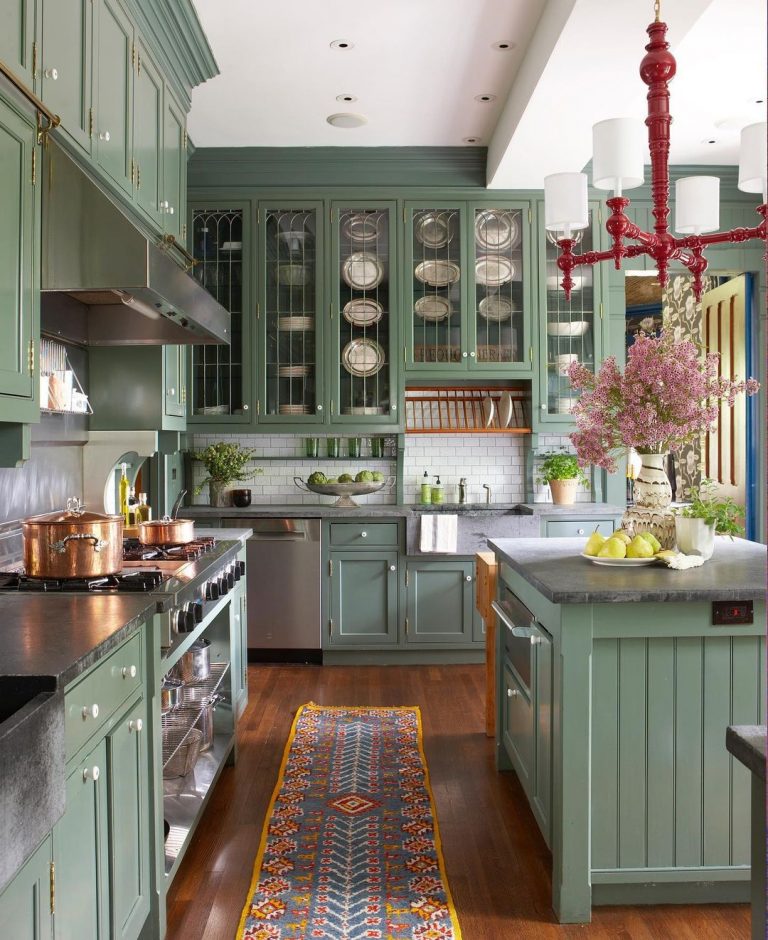 Benjamin Moore Caldwell Green painted kitchen Interiors By Color