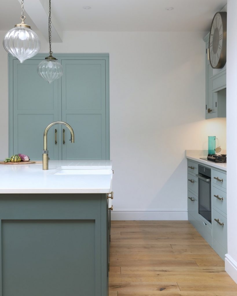 Blue kitchen painted in Little Green Paint Company Aquamarine