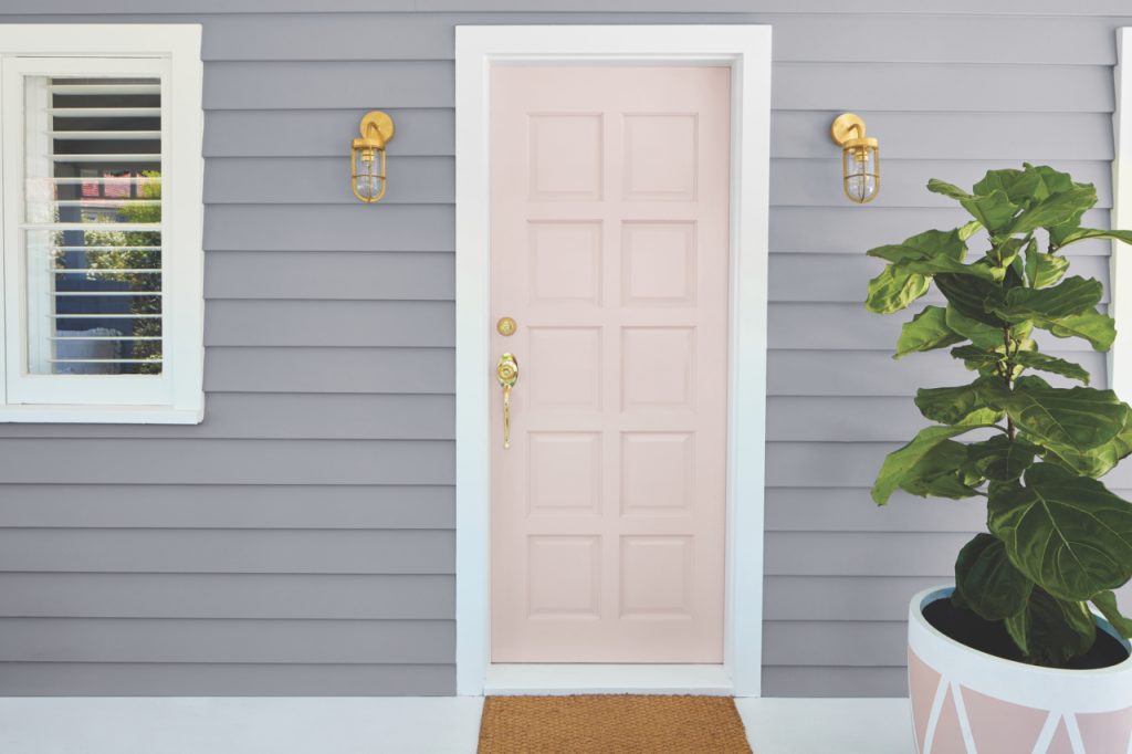 Front door exterior painted in Taubmans Pink Dust