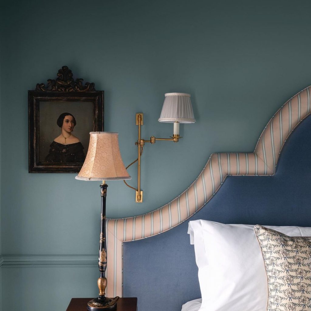 Luxury Bedroom Painted in Little Greene Paint Bone China Blue Blue headboard