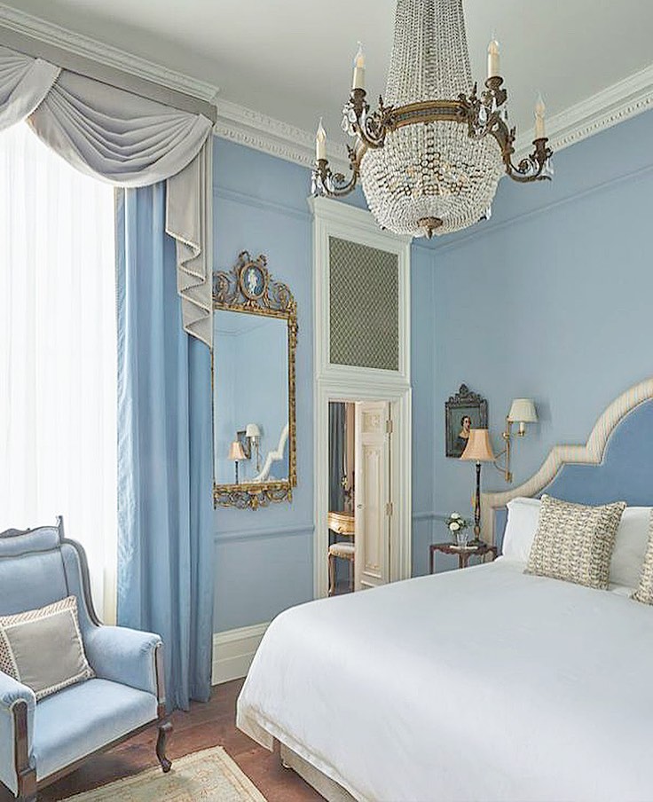 Luxury Bedroom Painted in Little Greene Paint Bone China Blue