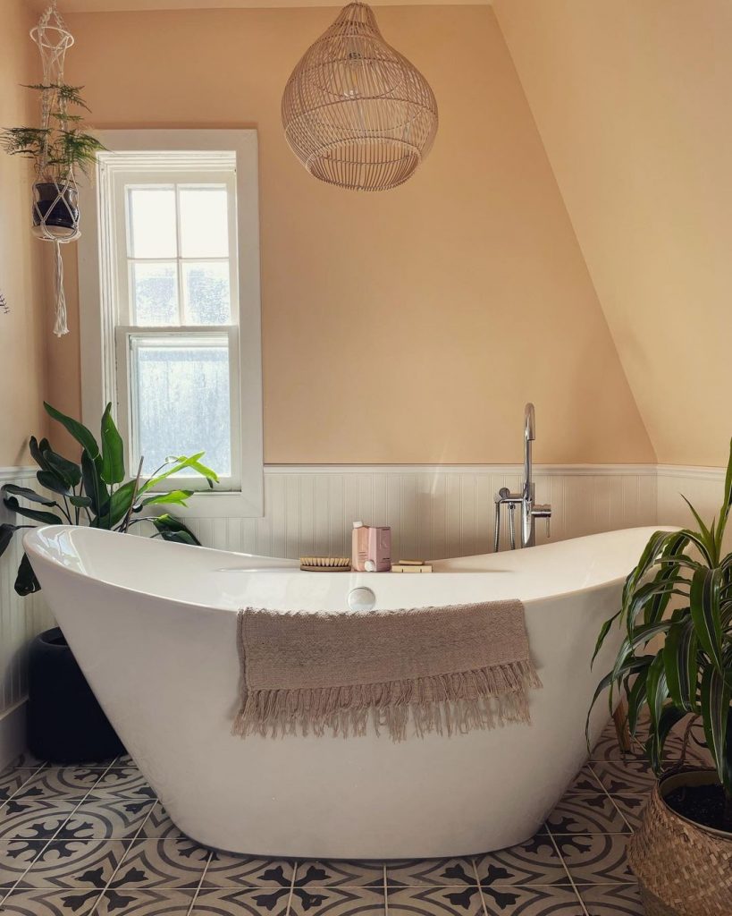 Sherwin Williams Flattering Peach paint color bathroom