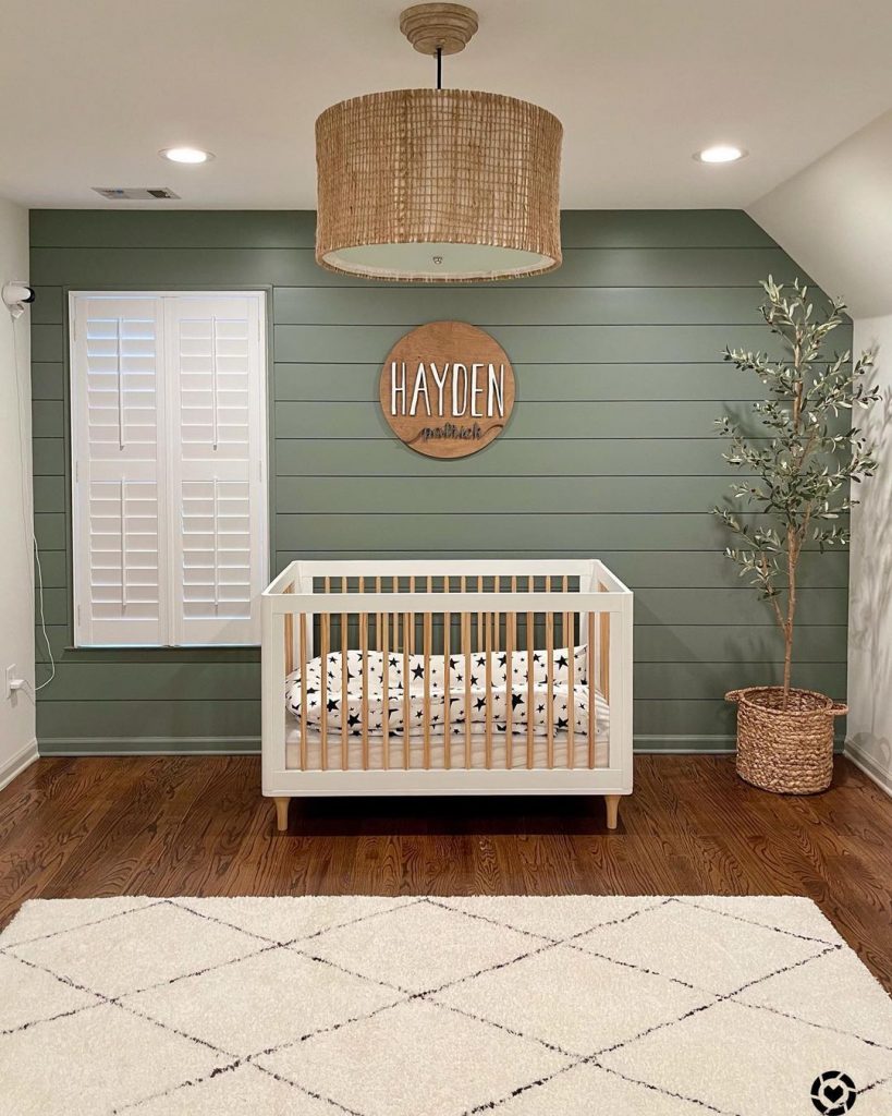 Sherwin Williams Retreat nursery shiplap feature wall